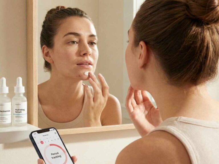 امرأة تهتم ببشرتها خلال فترات التقلبات الهرمونية لضمان الصفاء والنضارة